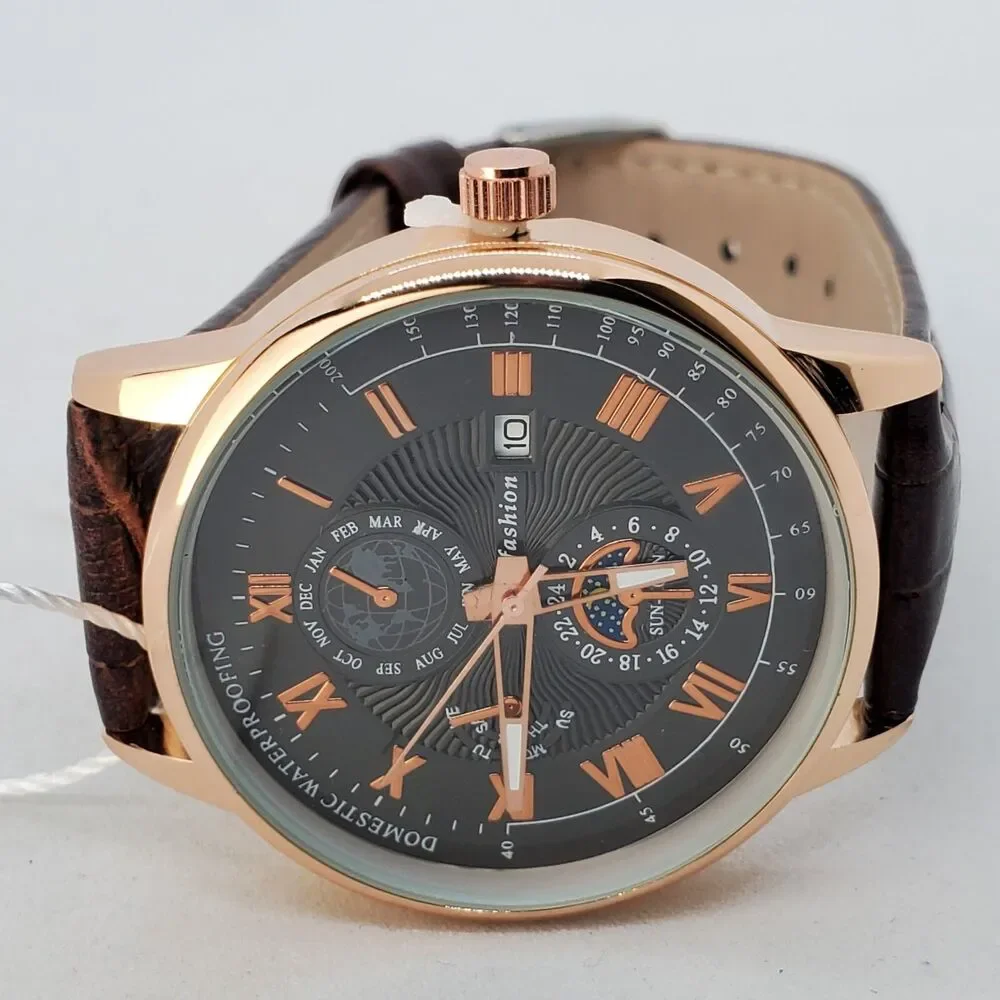 40MM Men's Watch Gold Case Black‎ Dial Brown Leather Bands Roman Numerals Date